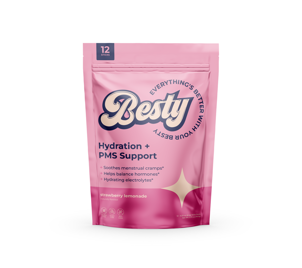 fontside view of Besty PMS relief hydration drink with electrolytes for bloating, cramps, and fatigue. Hormone-balancing supplement for women's cycle support.