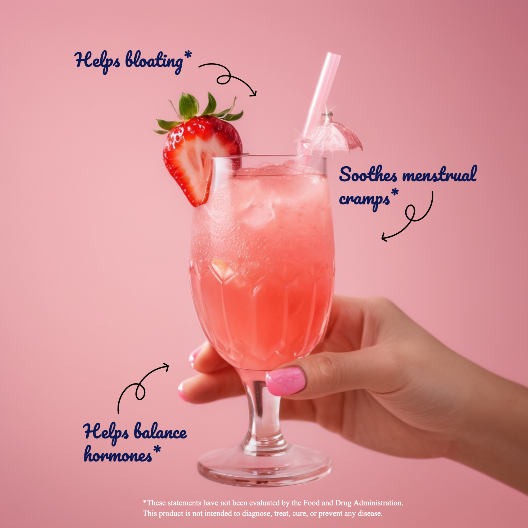 Hand holding a glass of Besty PMS relief hydration drink, featuring electrolytes and vitamins to ease bloating, cramps, and support hormone balance.