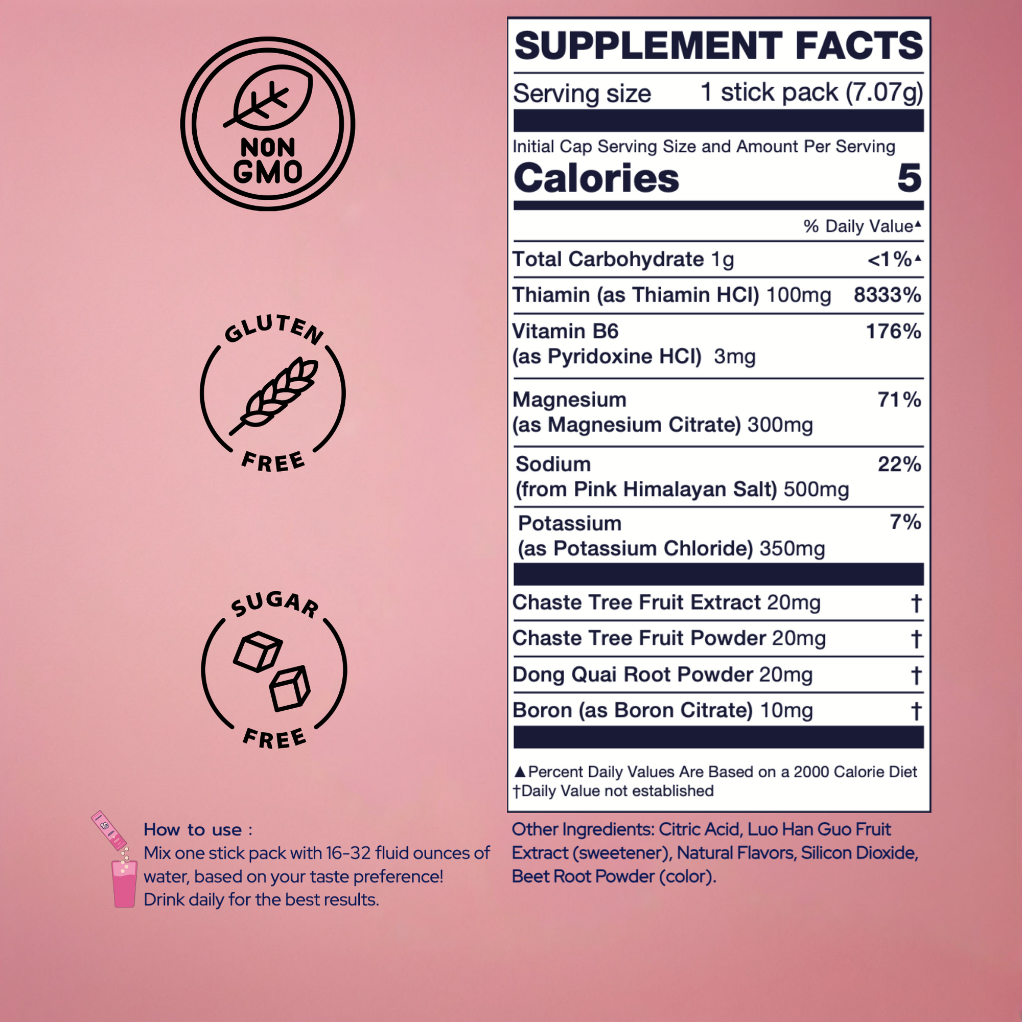 Close-up view of Besty PMS relief hydration drink ingredients, featuring electrolytes, vitamins, and extracts for bloating, cramps, and hormone balance